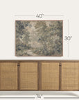 wooden sideboard with rattan doors and a framed landscape painting above it, with dimensions indicated. 
