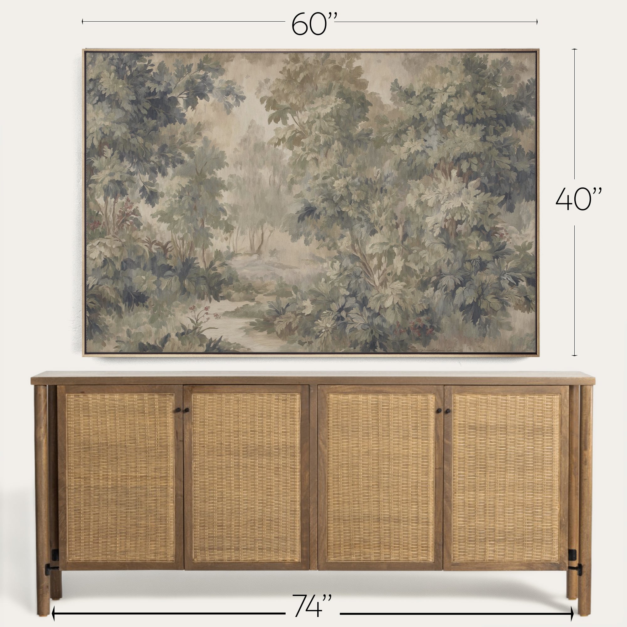 Wooden sideboard with wicker doors and a large forest painting above it, with dimensions indicated. 