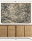 wooden sideboard with wicker doors and a large forest painting above it, with dimensions indicated. 