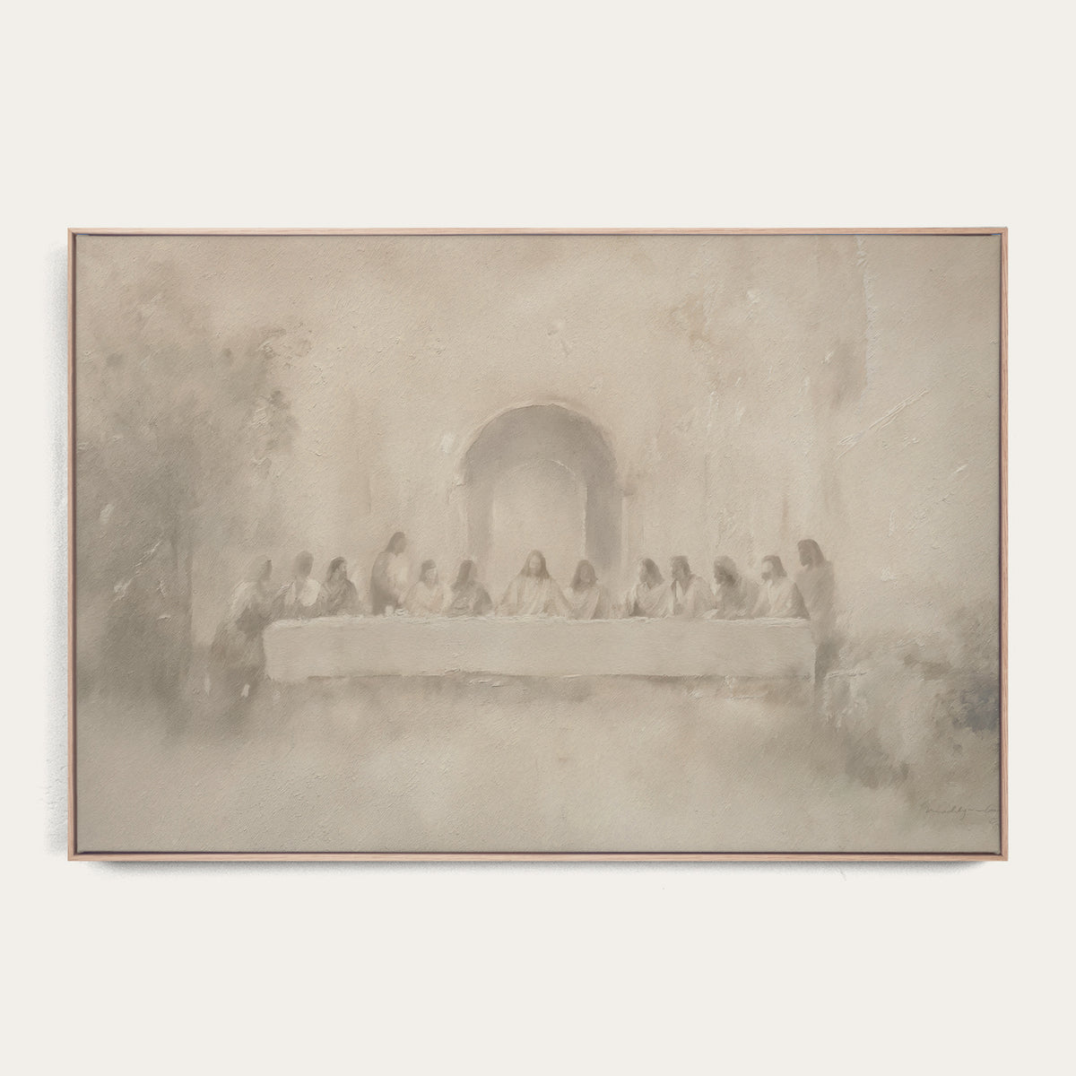 Framed artwork of a classical scene with figures around a table, on a light background 
