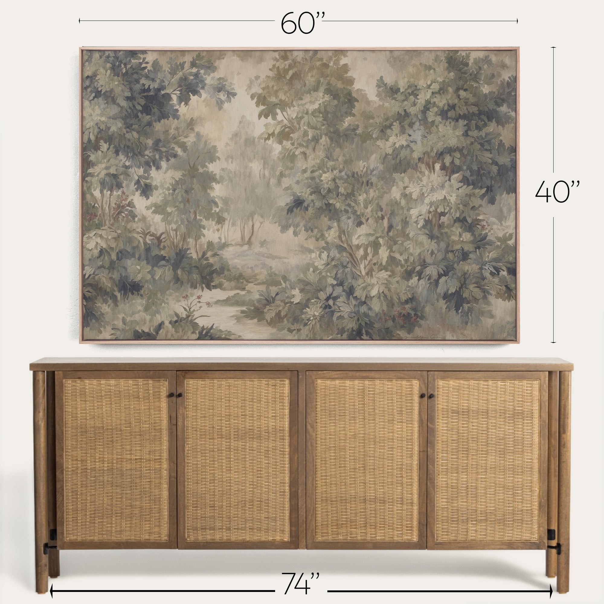 Wooden sideboard with wicker doors and a large forest painting above it, with dimensions indicated. 