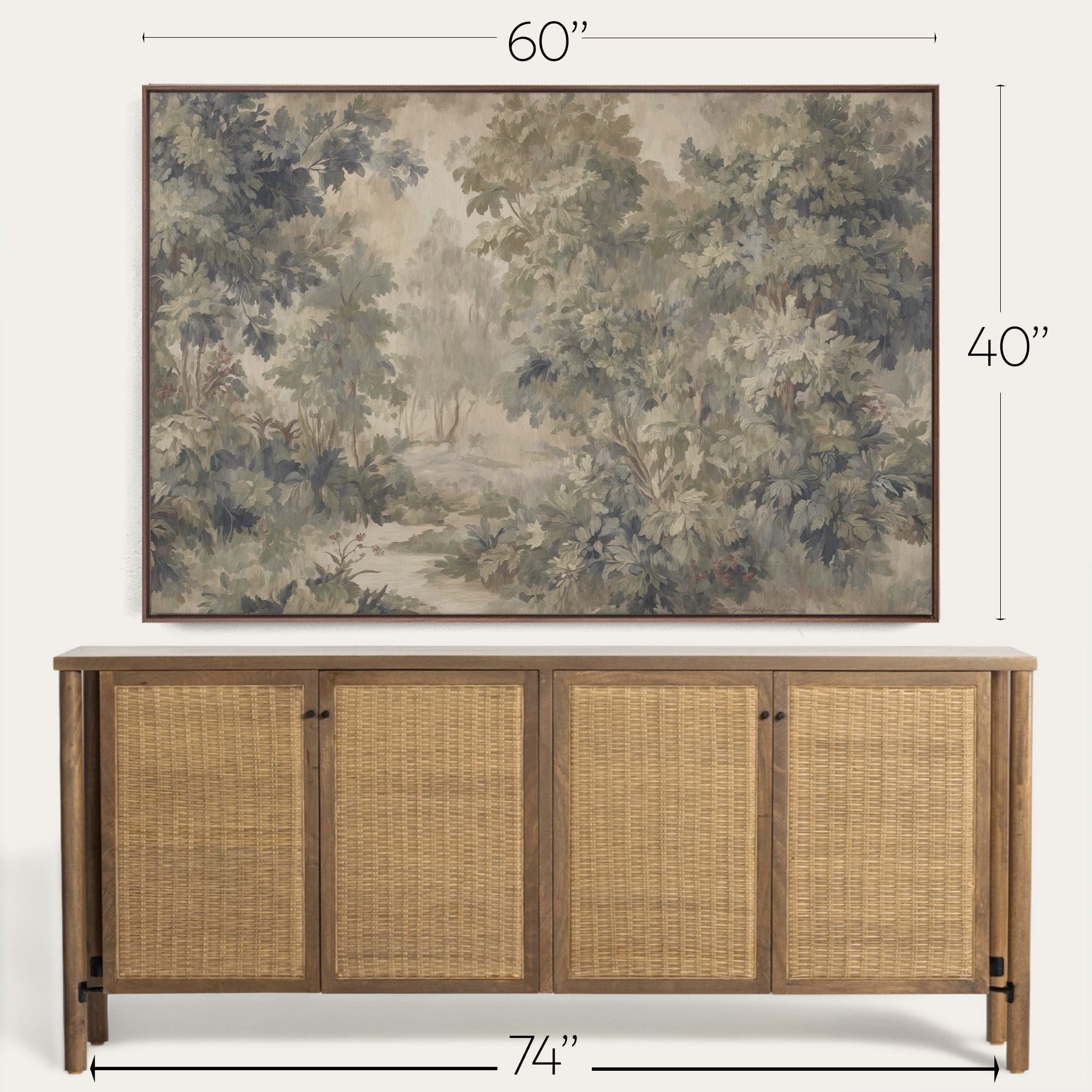 Framed nature scene art above a wooden sideboard with dimensions indicated. 