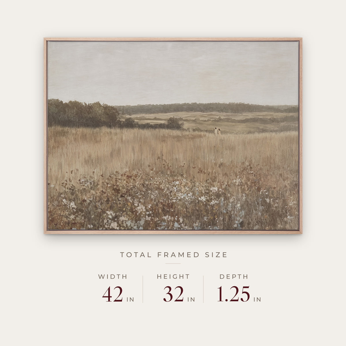 Abide With Me in a light oak floater frame with its total framed size listed below: 42 inches wide, 32 inches high, and 1.25 inches deep. #Oak #40x30