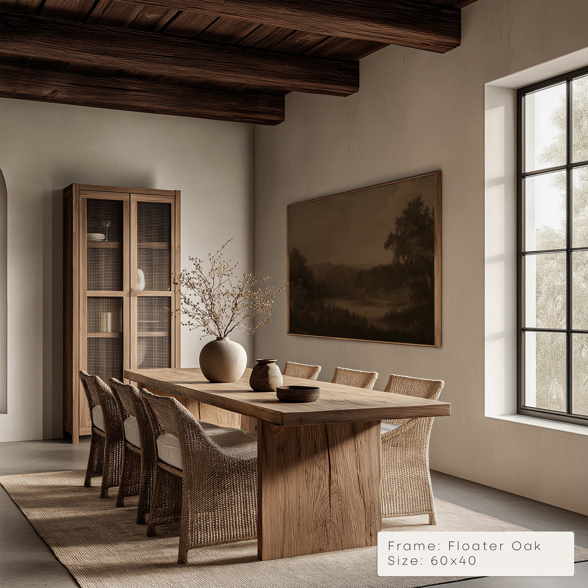 Dining room with wooden table and chairs, framed artwork on the wall.