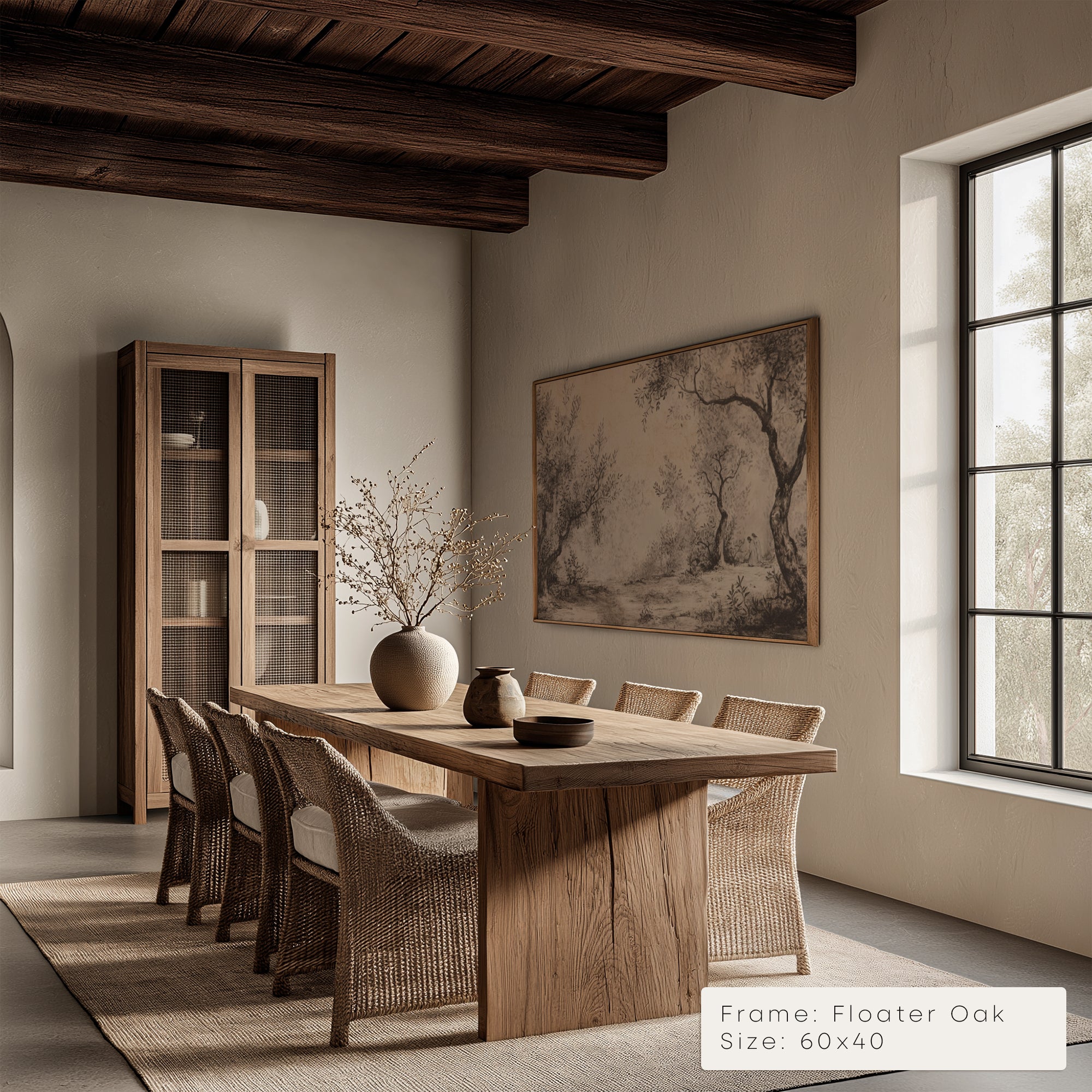 Dining room with wooden table and chairs, framed artwork on the wall.