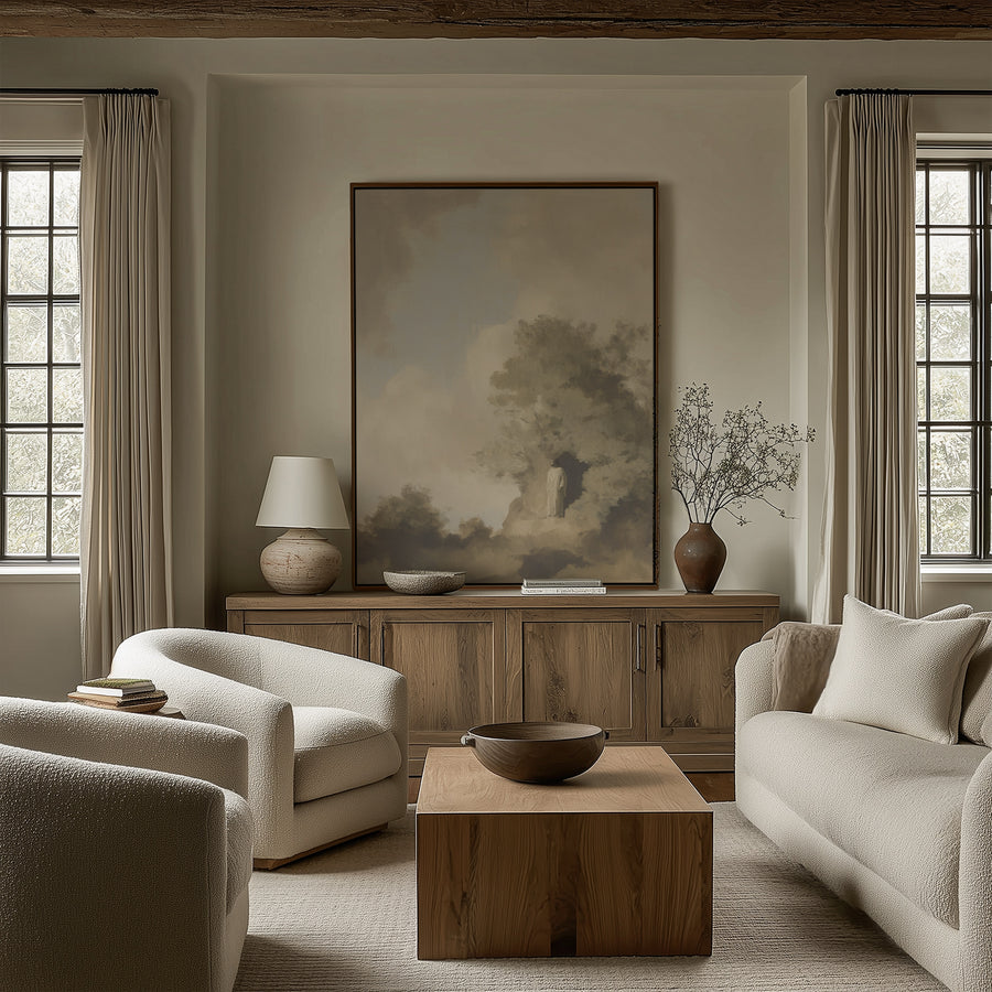 Shown in a floater Walnut frame in size 36x48