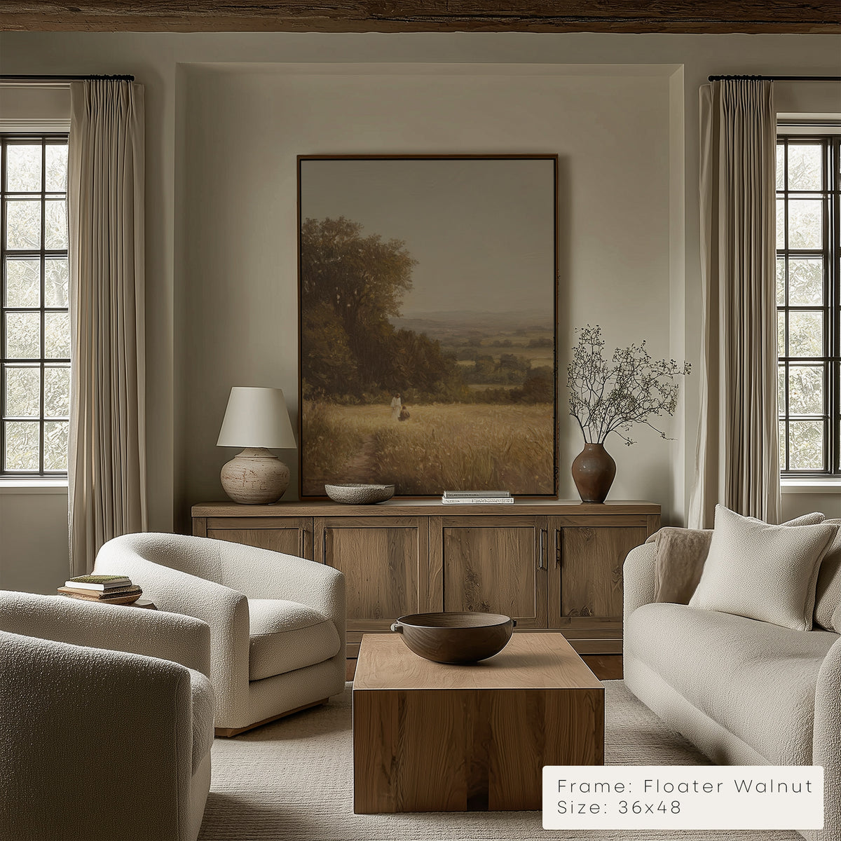 Living room with neutral tones, furniture, and a large painting on the wall.