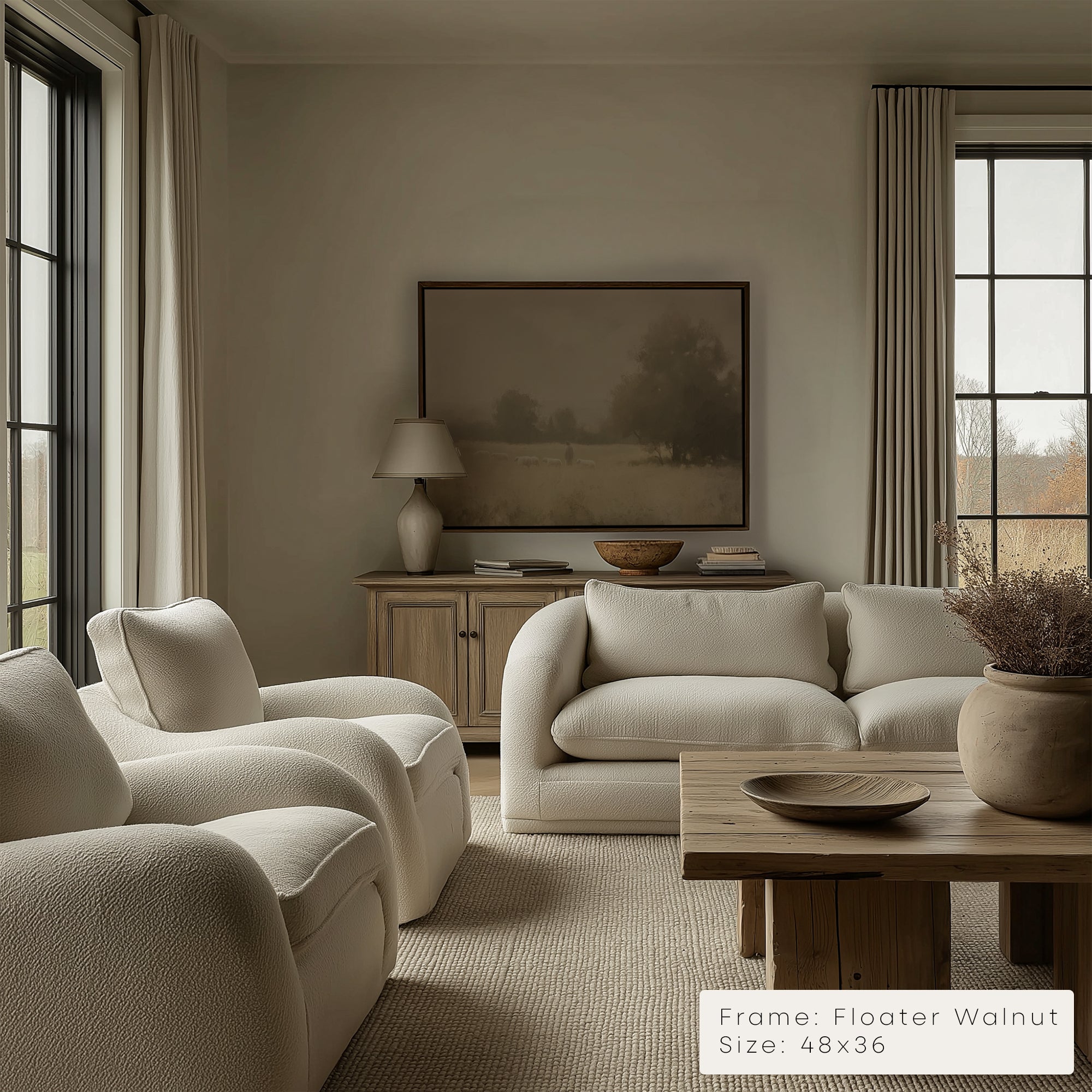 Living room with beige sofa, armchairs, and wooden coffee table.
