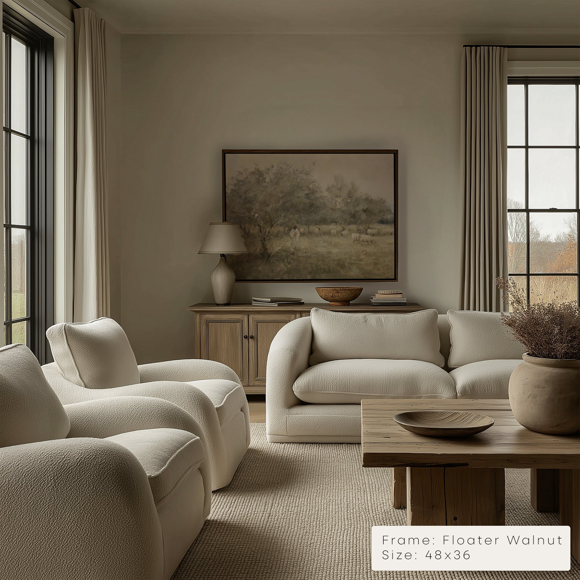 Living room with beige sofa, armchairs, and a wooden coffee table.