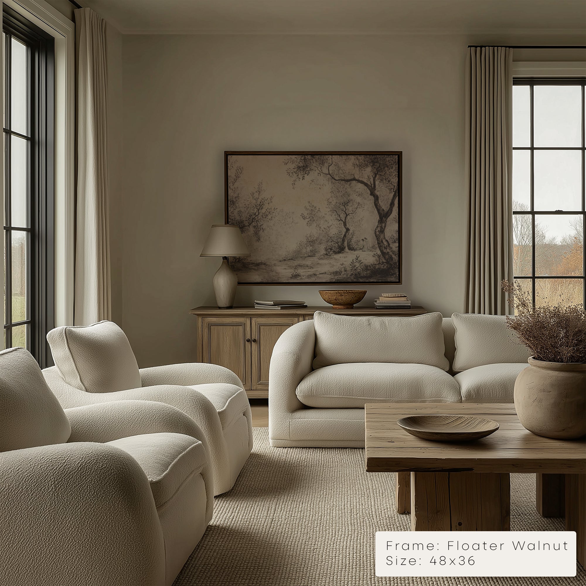 Living room with beige sofa, armchairs, and wooden coffee table.