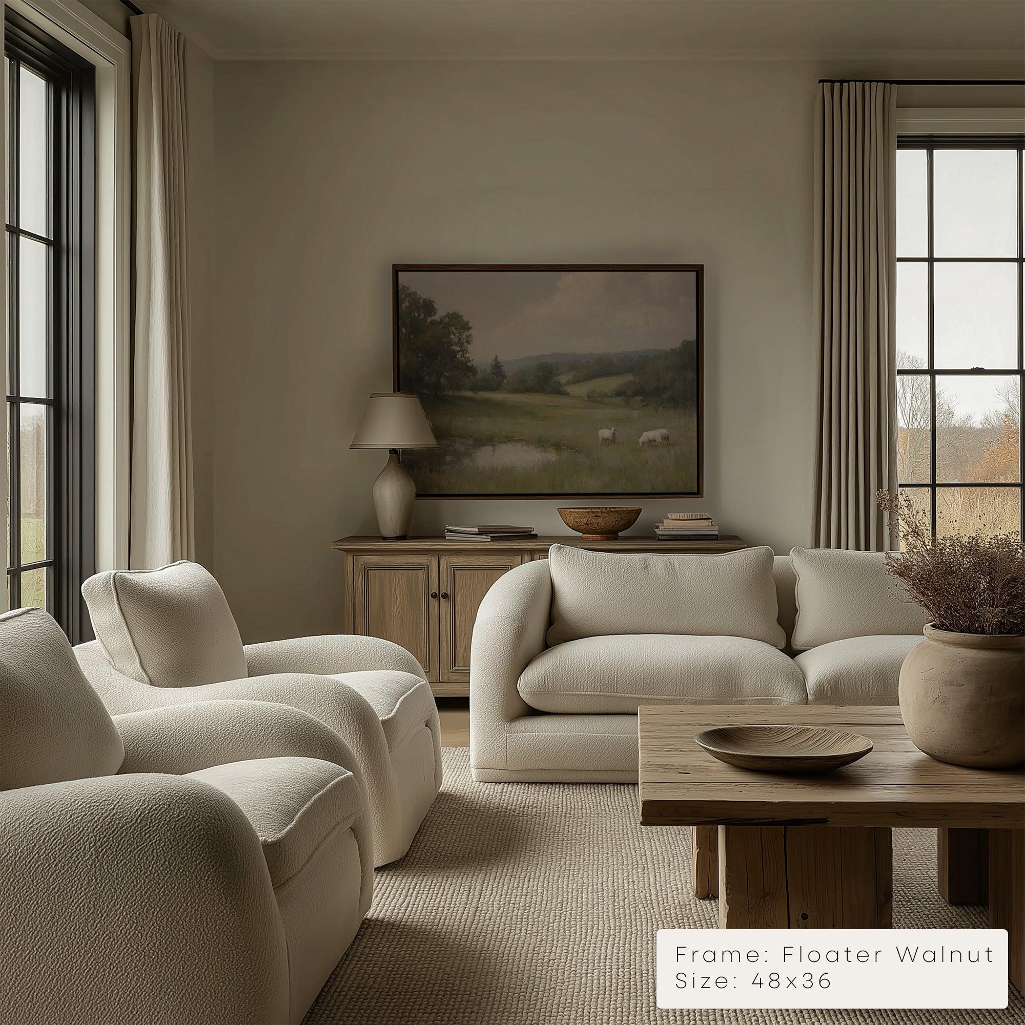 Living room with beige sofa, armchairs, and a wooden coffee table.