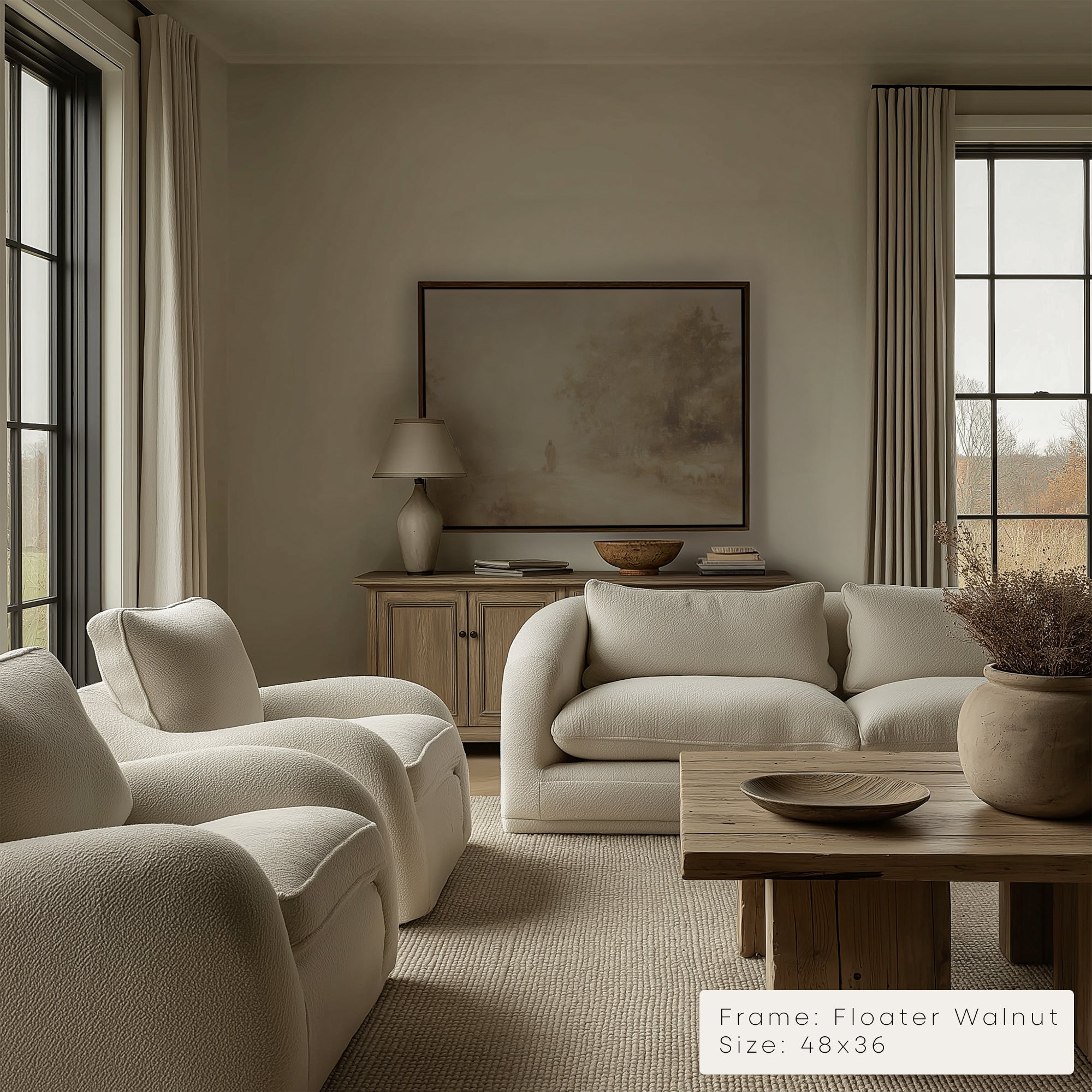 Living room with beige sofa, armchairs, and wooden coffee table.