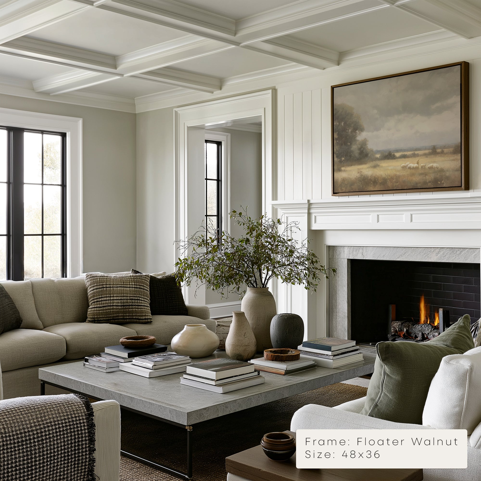 Living room with a fireplace, a painting, sofa, coffee table, and decorative items.