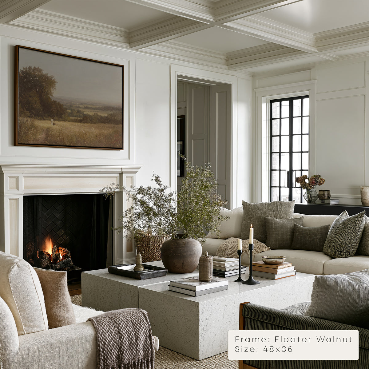 Cozy living room with fireplace, sofa, and decorative elements.