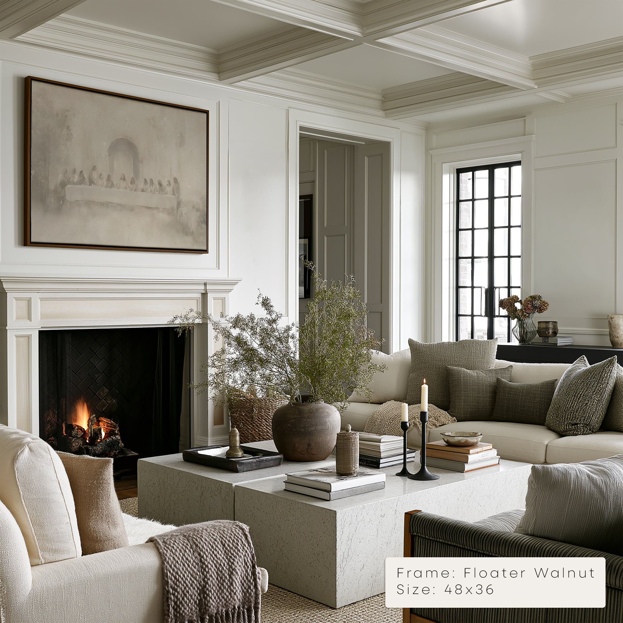 Living room with fireplace, sofa, and decorative items.