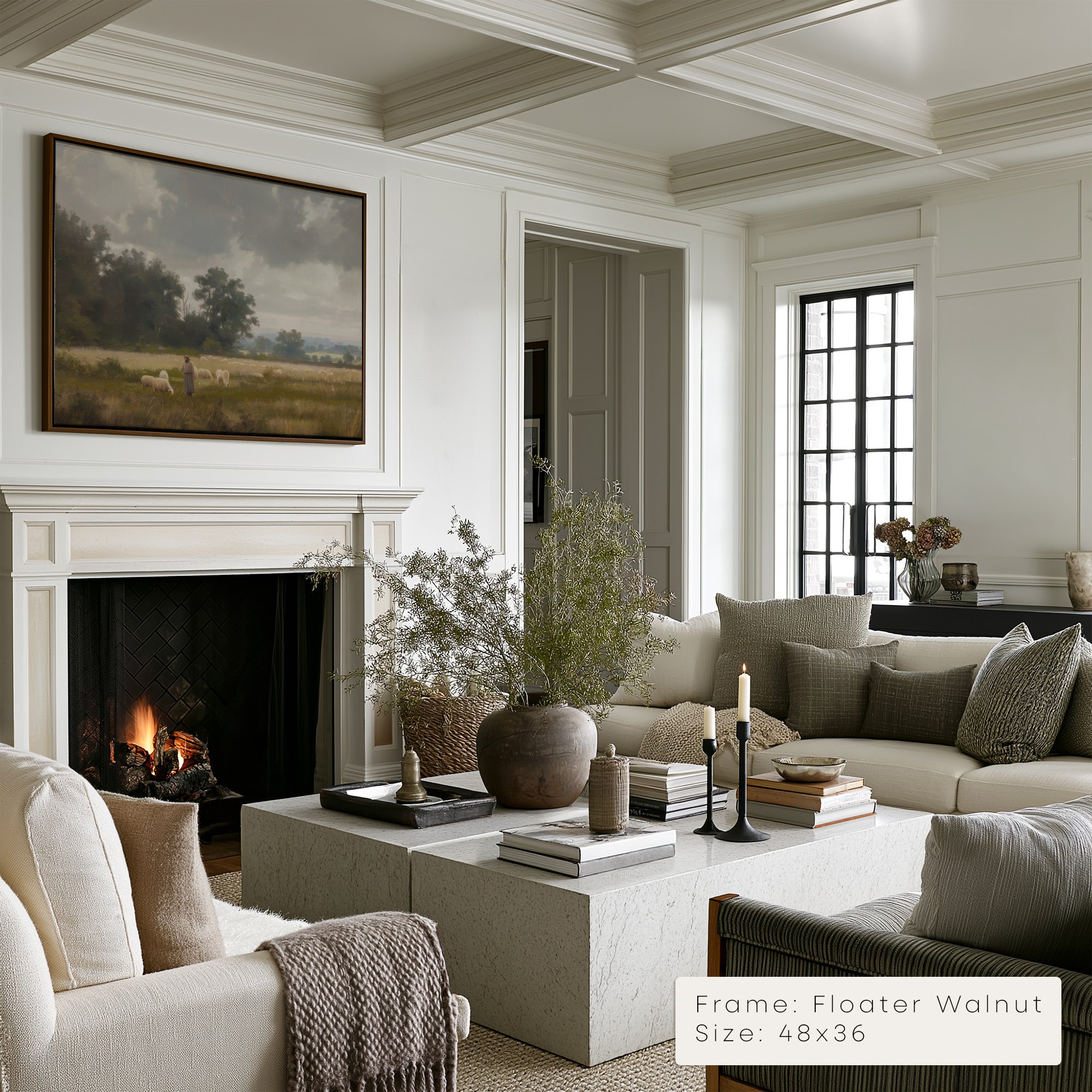 Cozy living room with fireplace, sofa, and decorative elements.