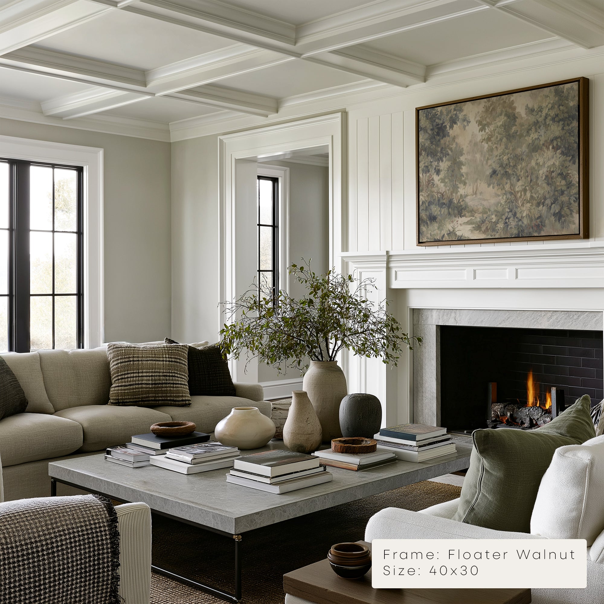 Living room with a fireplace, sofa, coffee table, and decorative items.