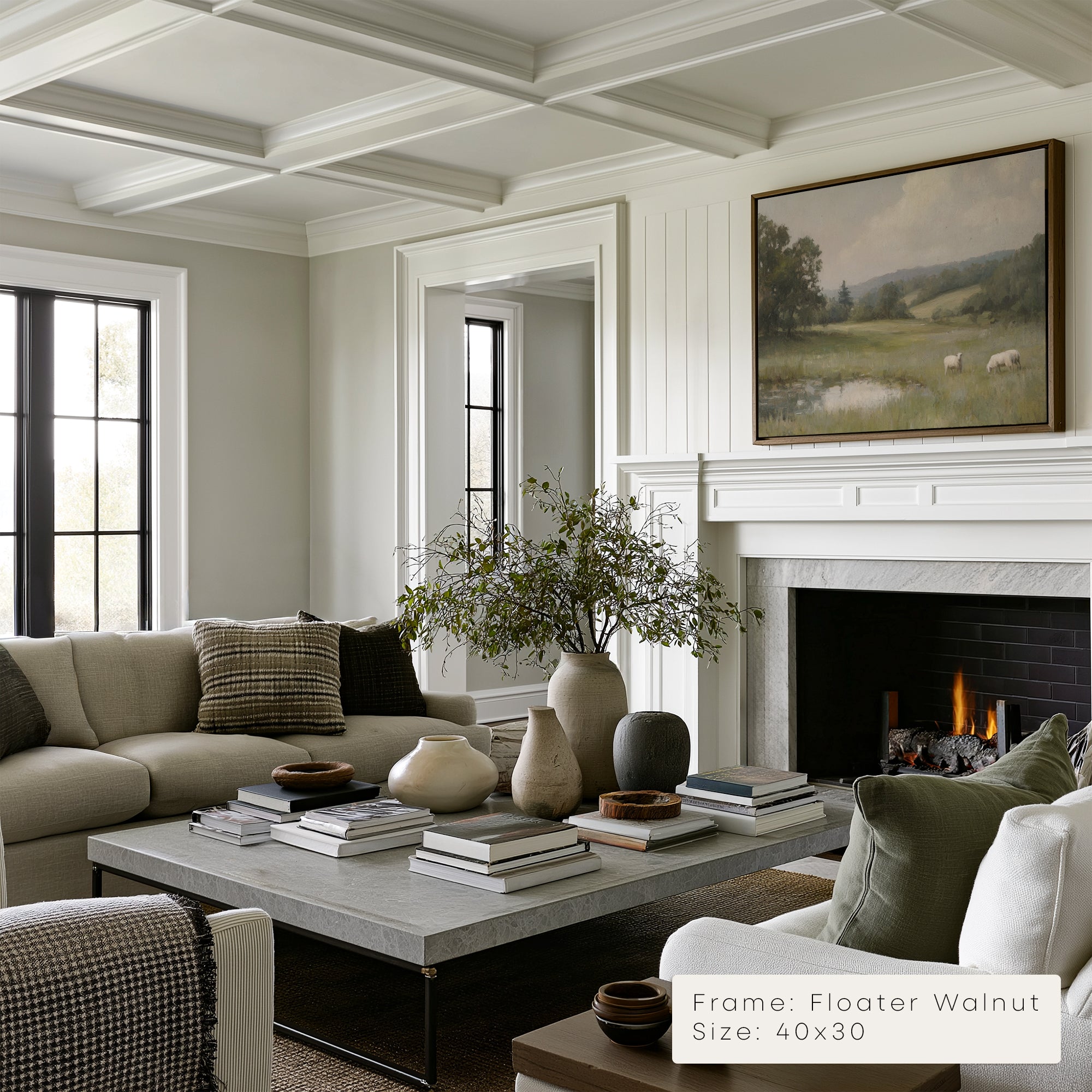 Living room with fireplace, sofa, coffee table, and decorative items. __lifestyleImage