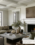 living room with a fireplace, sofa, coffee table, and decorative items.