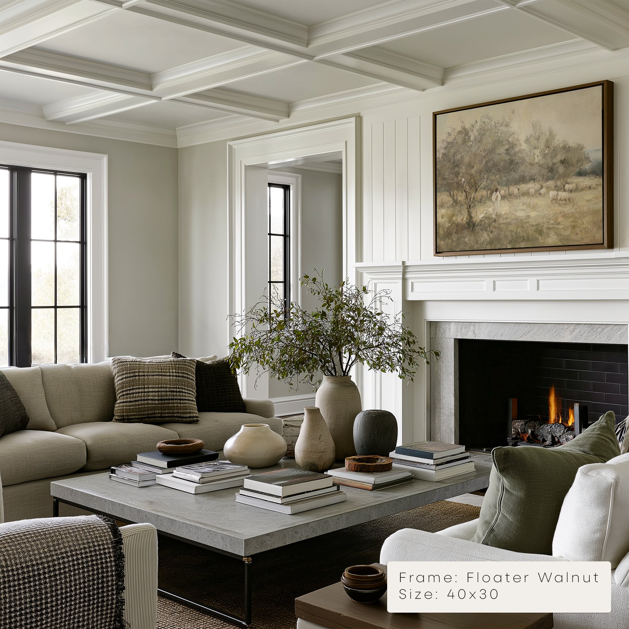 Living room with a fireplace, couch, coffee table, and decorative items.