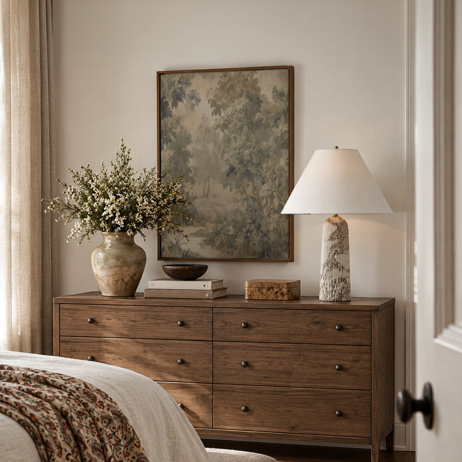 Shown in a floater Walnut frame in size 30x40