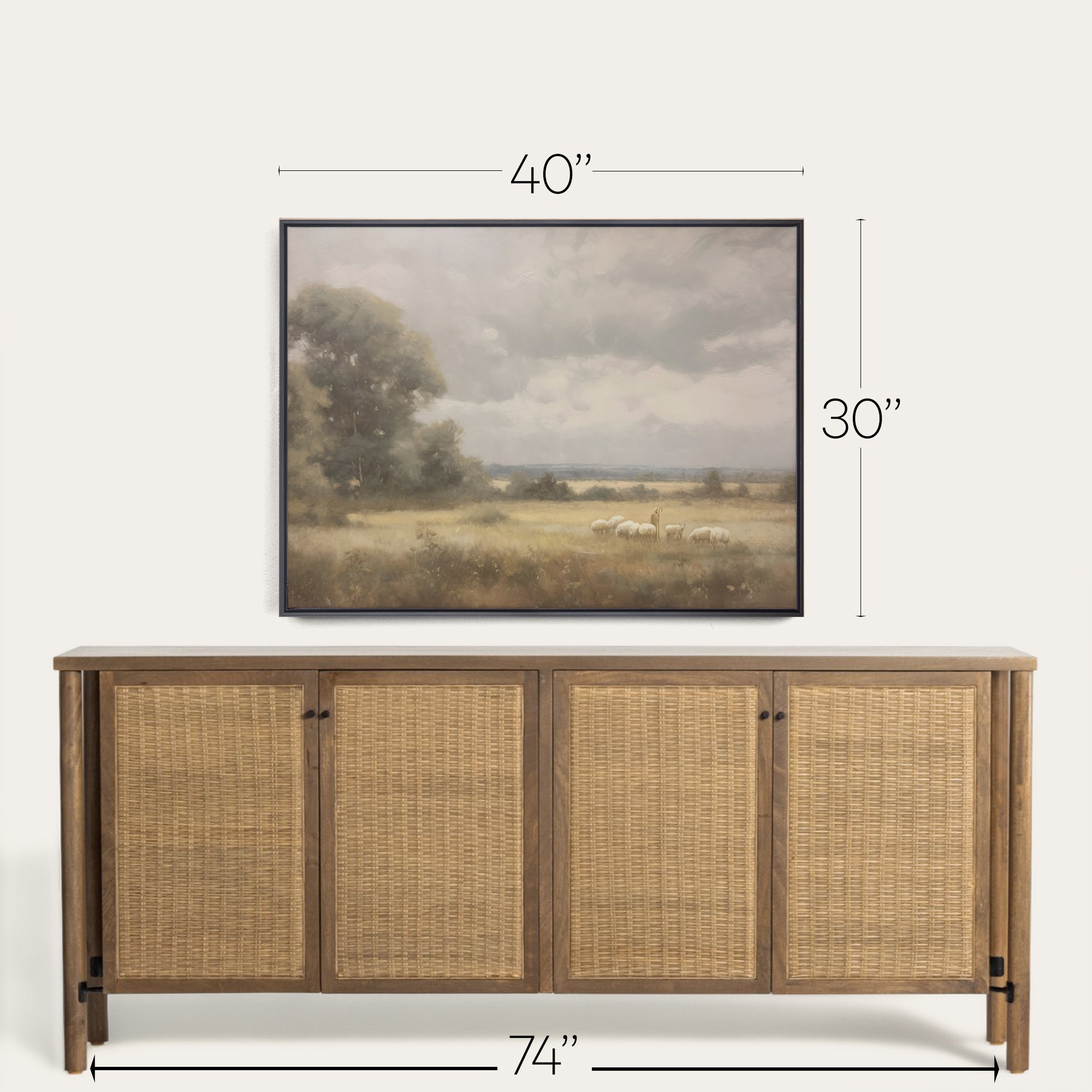 Wooden sideboard with wicker doors and framed landscape painting above, showing dimensions. 