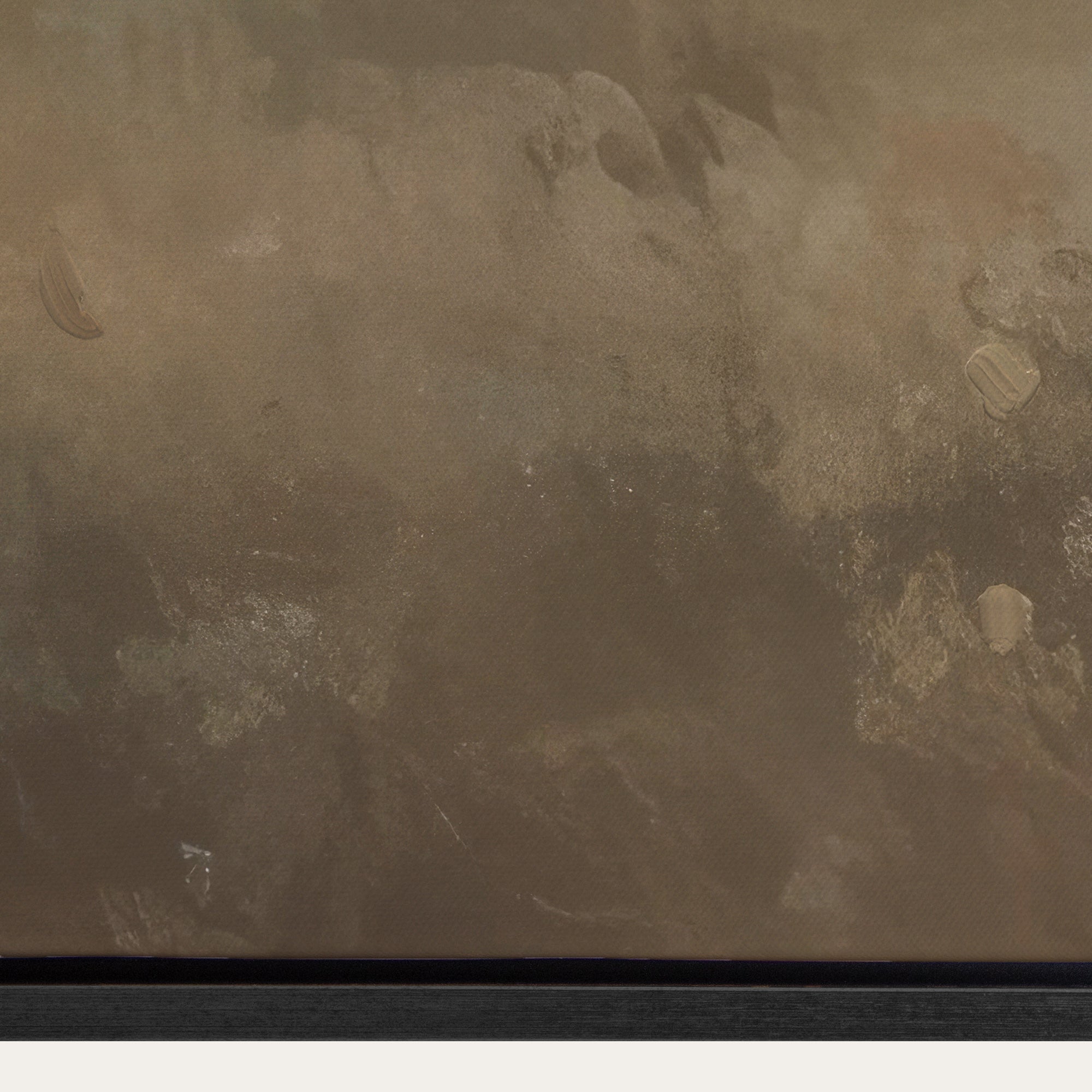 Closeup of a painting that shows the gap between the canvas and the wooden frame. 