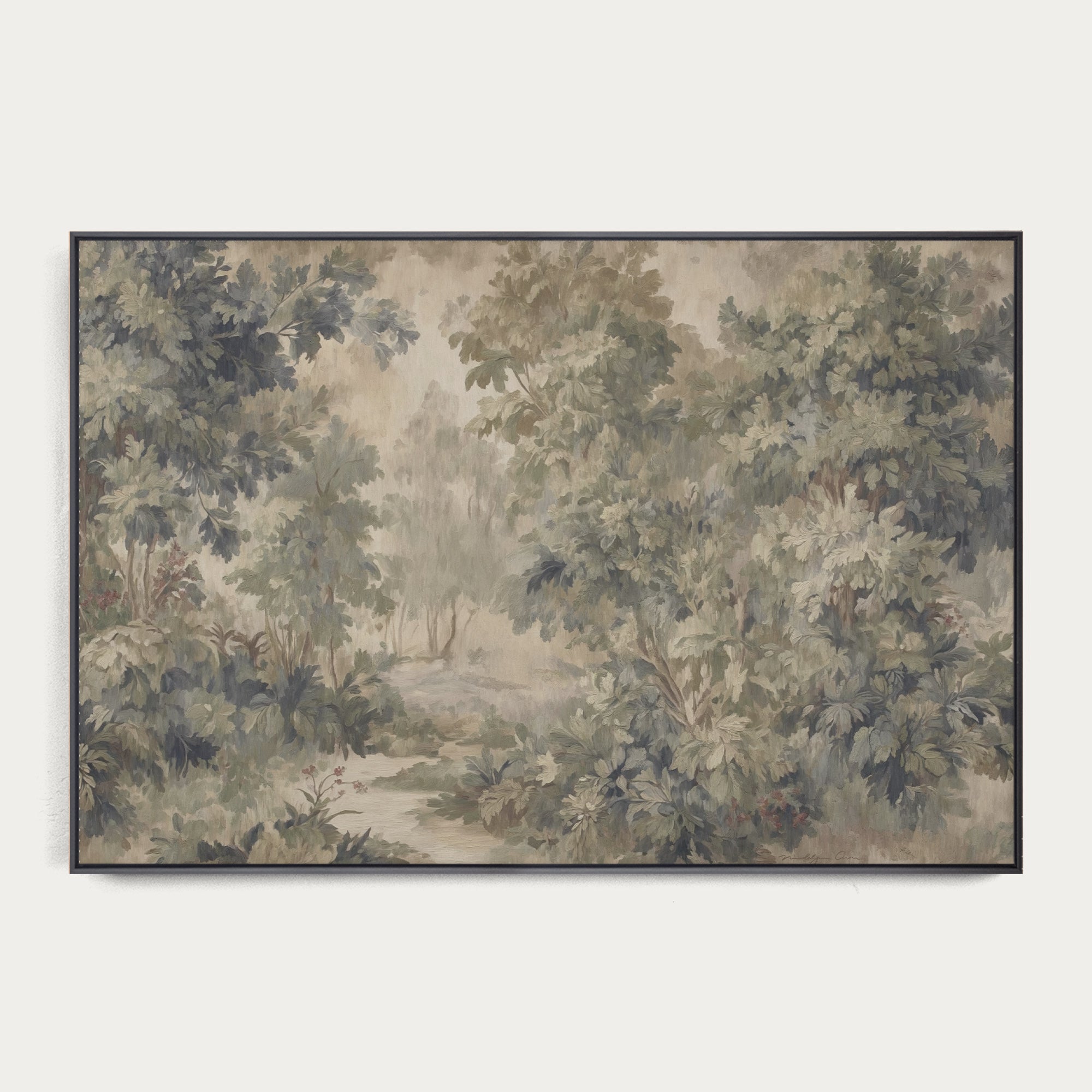 Framed artwork of a forest scene with trees and foliage on a plain background 