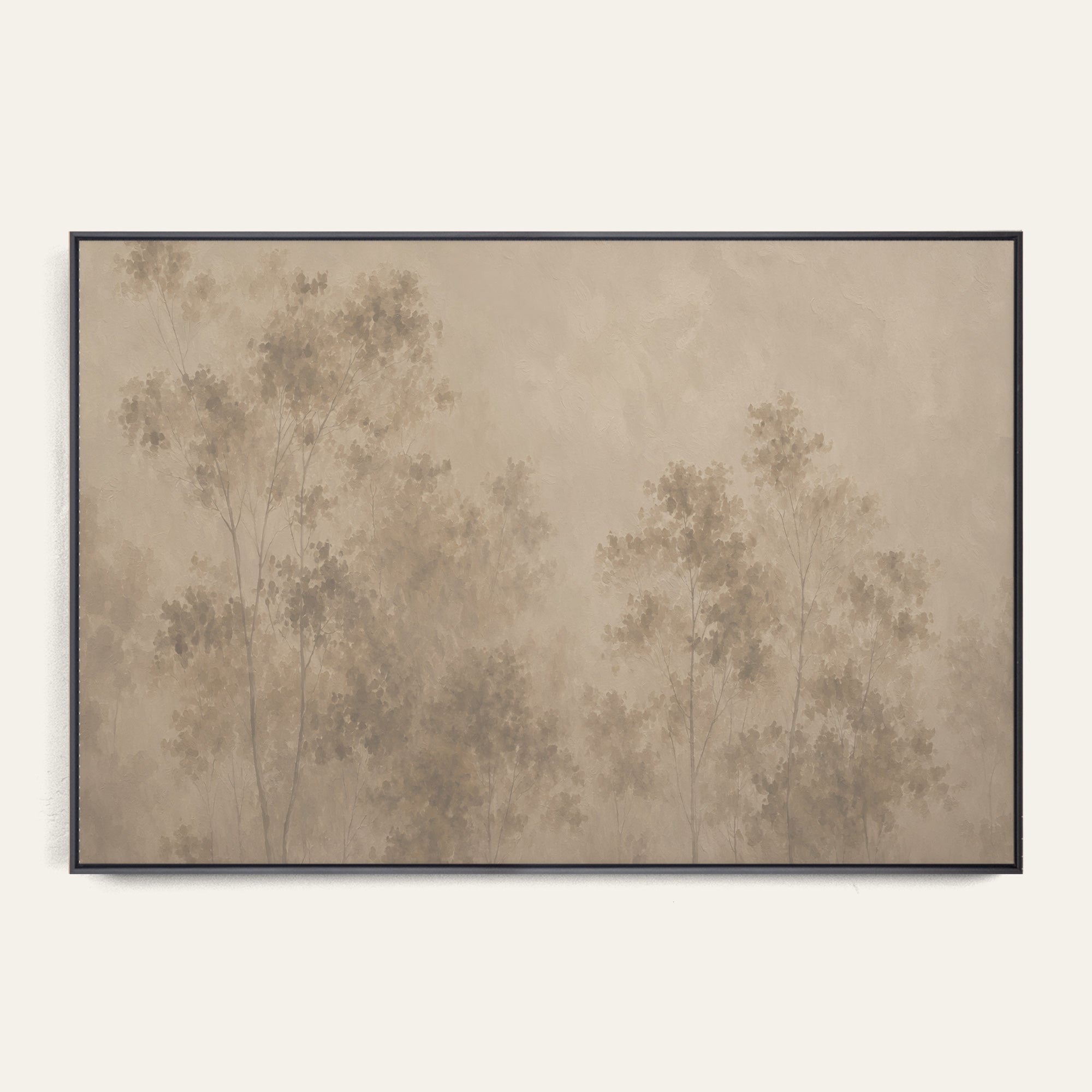 A framed wall art print featuring a soft, muted landscape of trees in warm beige and taupe tones, displayed against a clean off-white wall. 