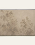 a framed wall art print featuring a soft, muted landscape of trees in warm beige and taupe tones, displayed against a clean off-white wall. 