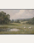 framed painting of a landscape with sheep in a field 