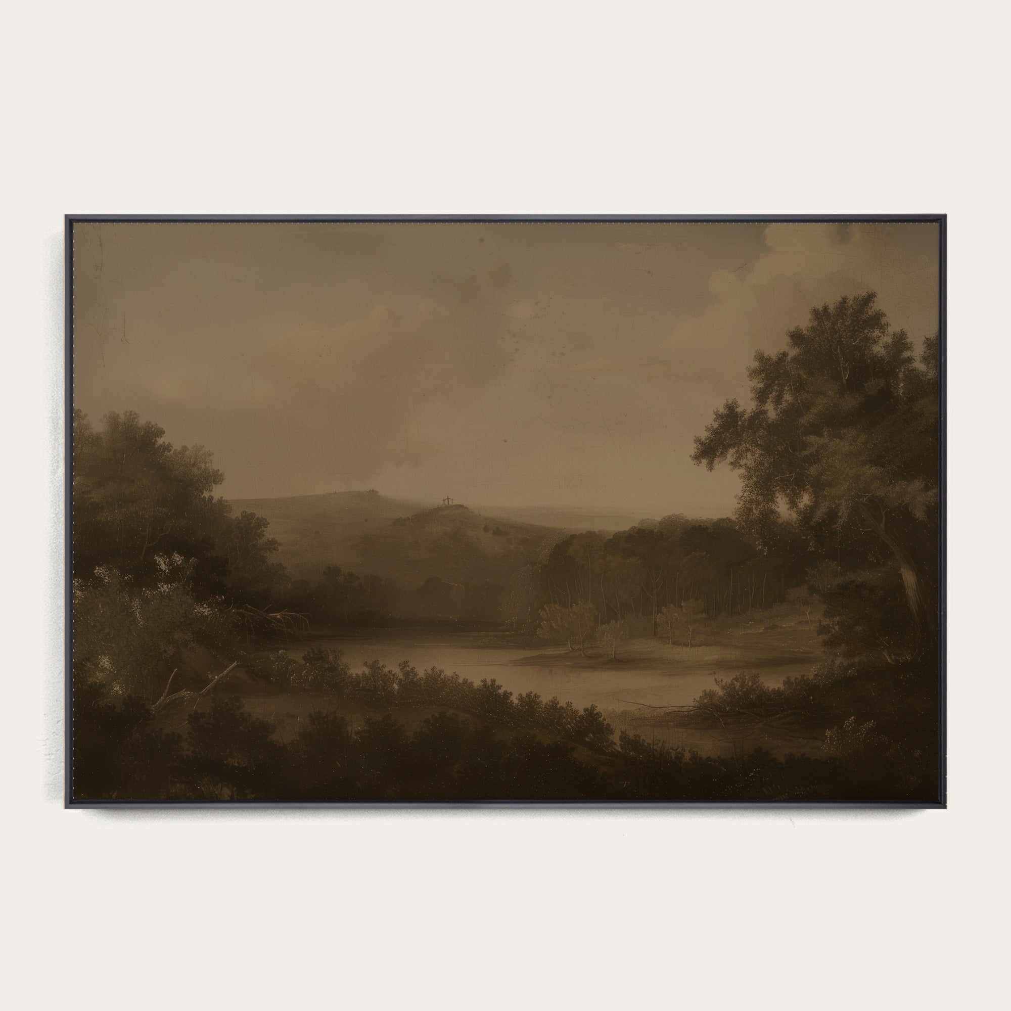 Sepia-toned landscape painting with trees and a river on a plain background 