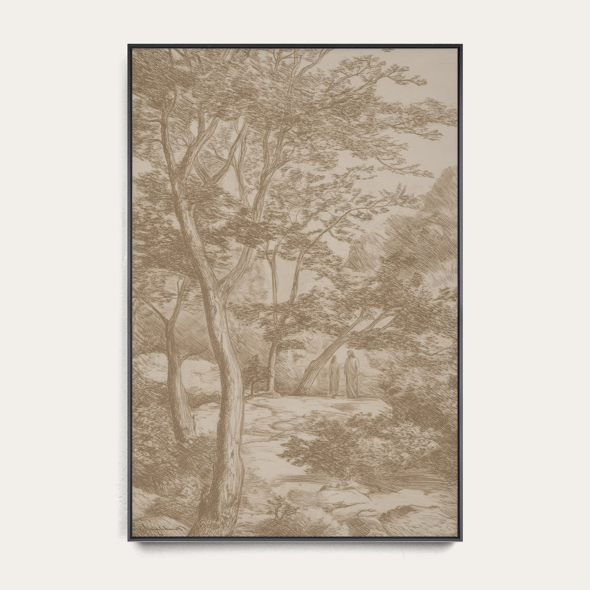 A framed art print featuring a sepia-toned landscape sketch with trees, a winding path, and two small human figures, shown against a light neutral background. 