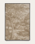 a framed art print featuring a sepia-toned landscape sketch with trees, a winding path, and two small human figures, shown against a light neutral background. 