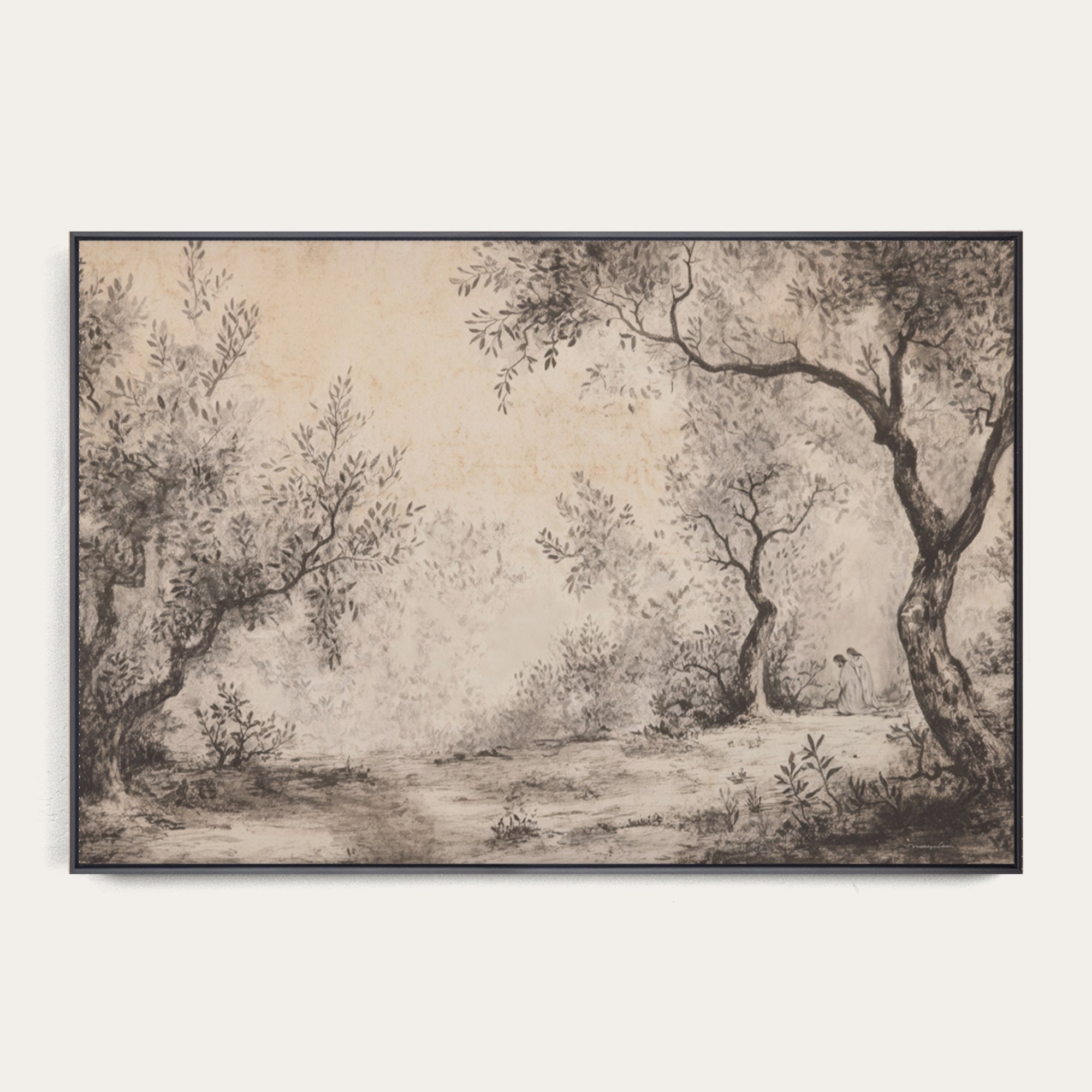 Framed artwork of a landscape with trees on a plain background 