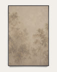 a framed vertical art print featuring a muted, sepia-toned forest scene with soft tree silhouettes on a warm beige background, displayed against a light off-white wall. 