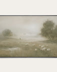 framed artwork of a pastoral scene with sheep and a person in a field. 