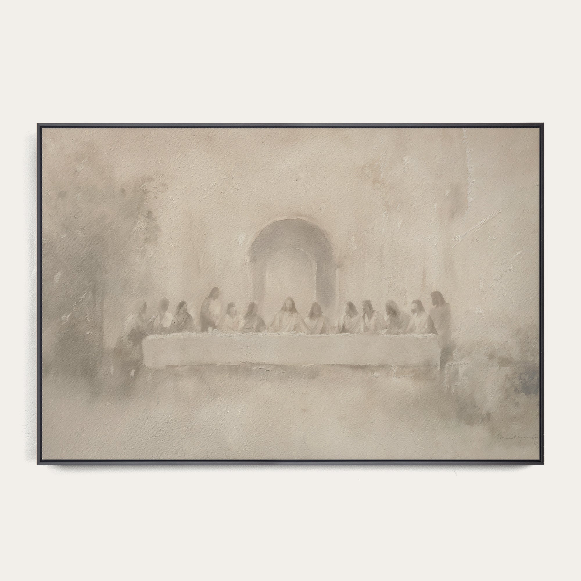 Framed artwork of a classical painting with a group of figures around a table. 