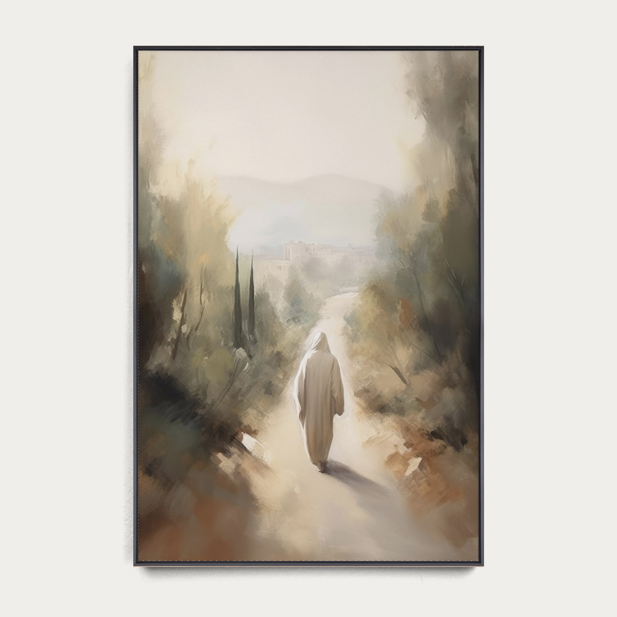 Framed artwork of a person walking down a misty path in a forest 