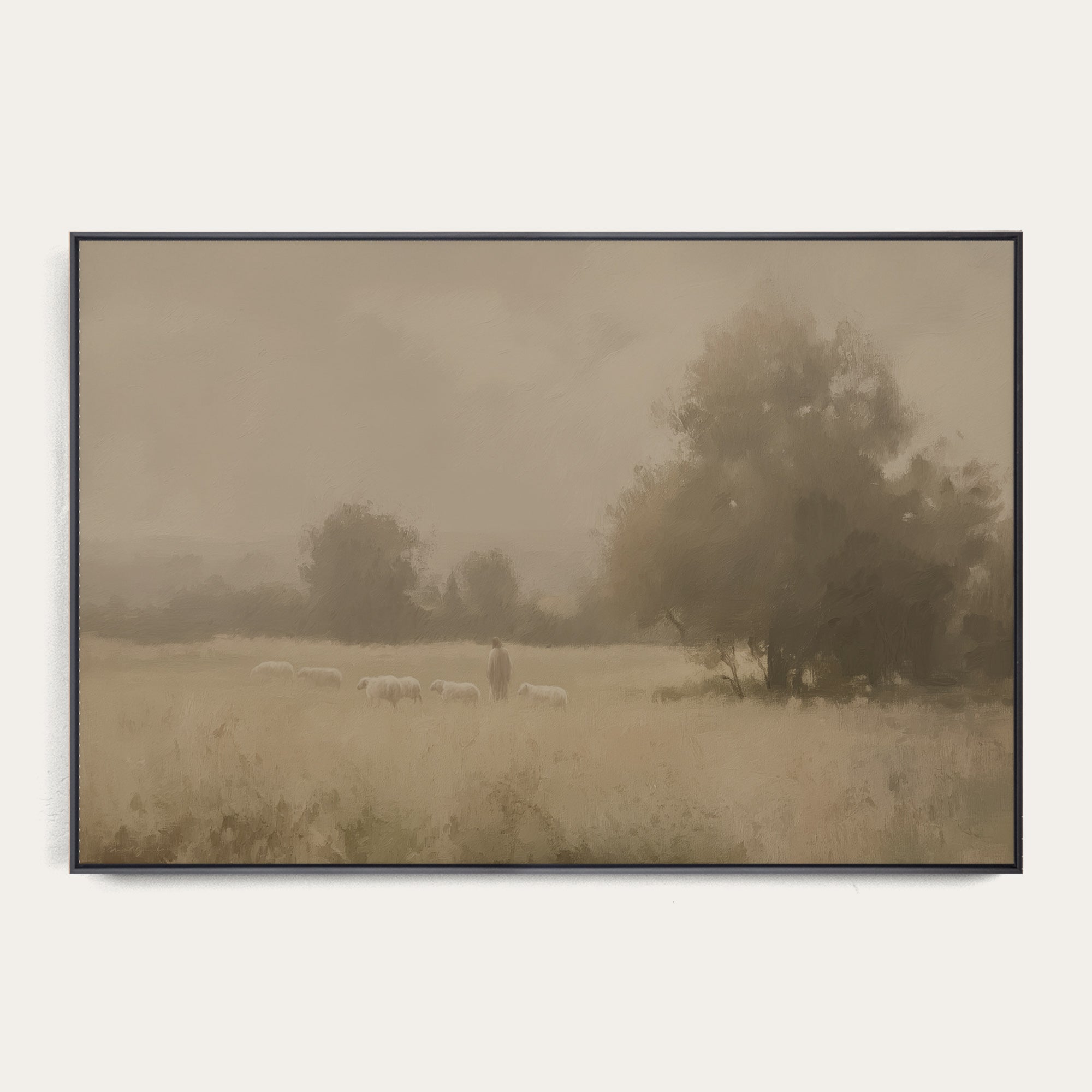 Framed artwork of a landscape with trees and a figure in a field. 