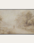 framed landscape painting with a person and animals in a misty forest setting. 