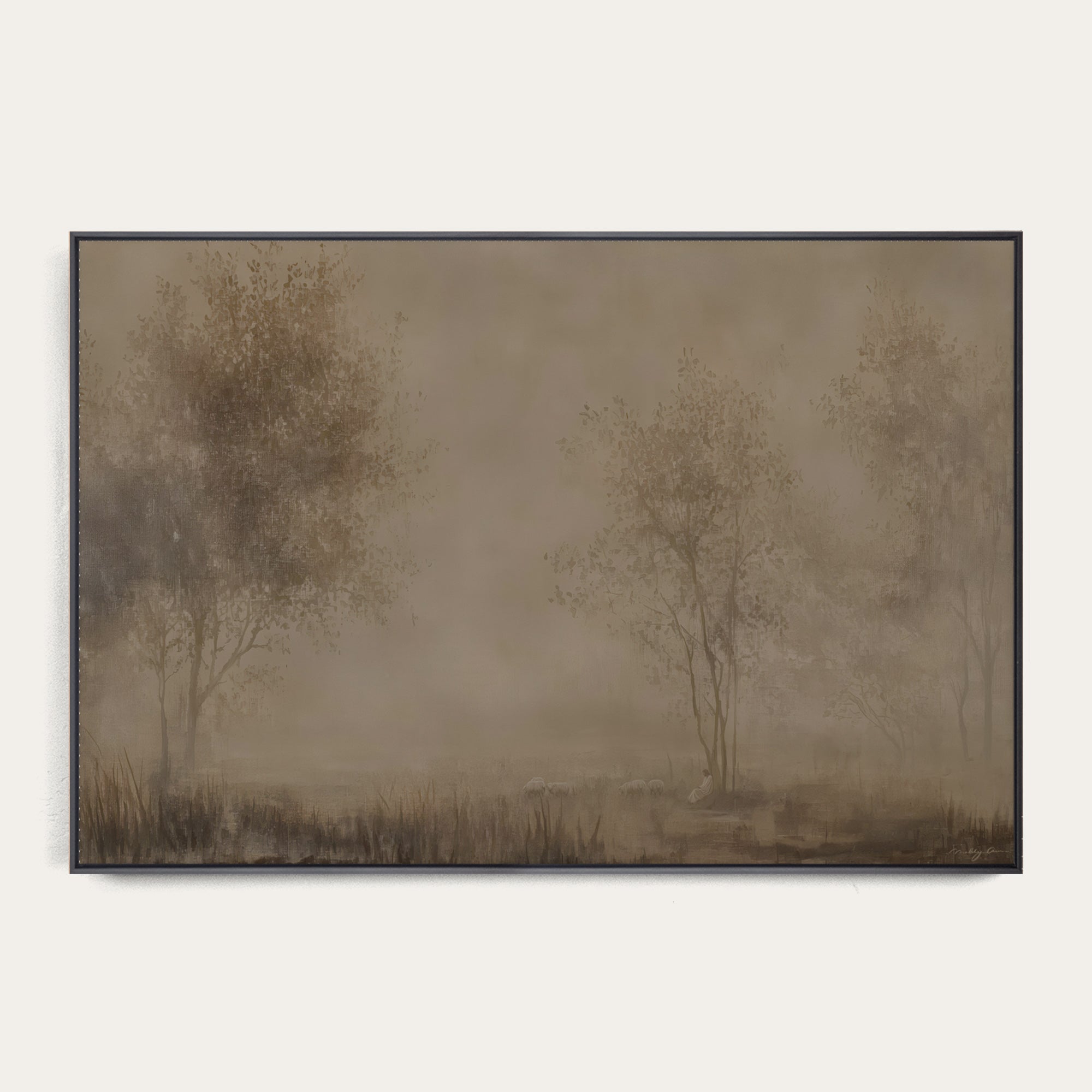 Framed artwork of trees in a misty landscape on a plain background 