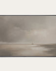 framed artwork of a landscape with a boat on water under a cloudy sky. 