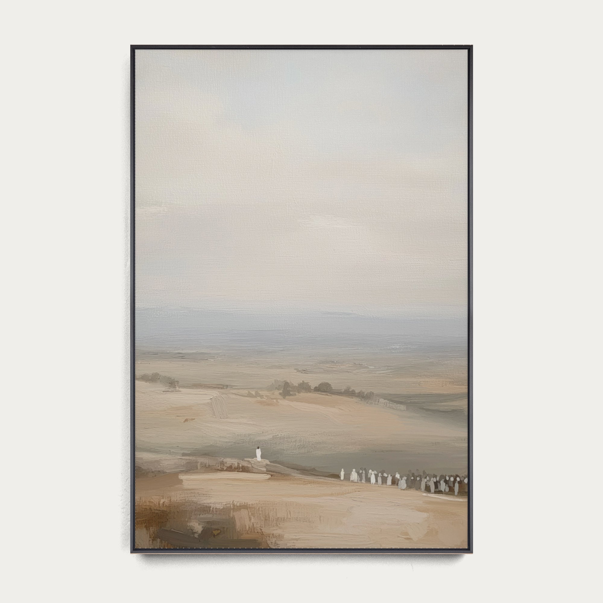 Framed landscape painting of a rural scene with fields and a horizon. 
