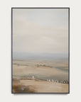 framed landscape painting of a rural scene with fields and a horizon. 