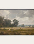 framed artwork of a pastoral scene with a shepherd and sheep in a field. 