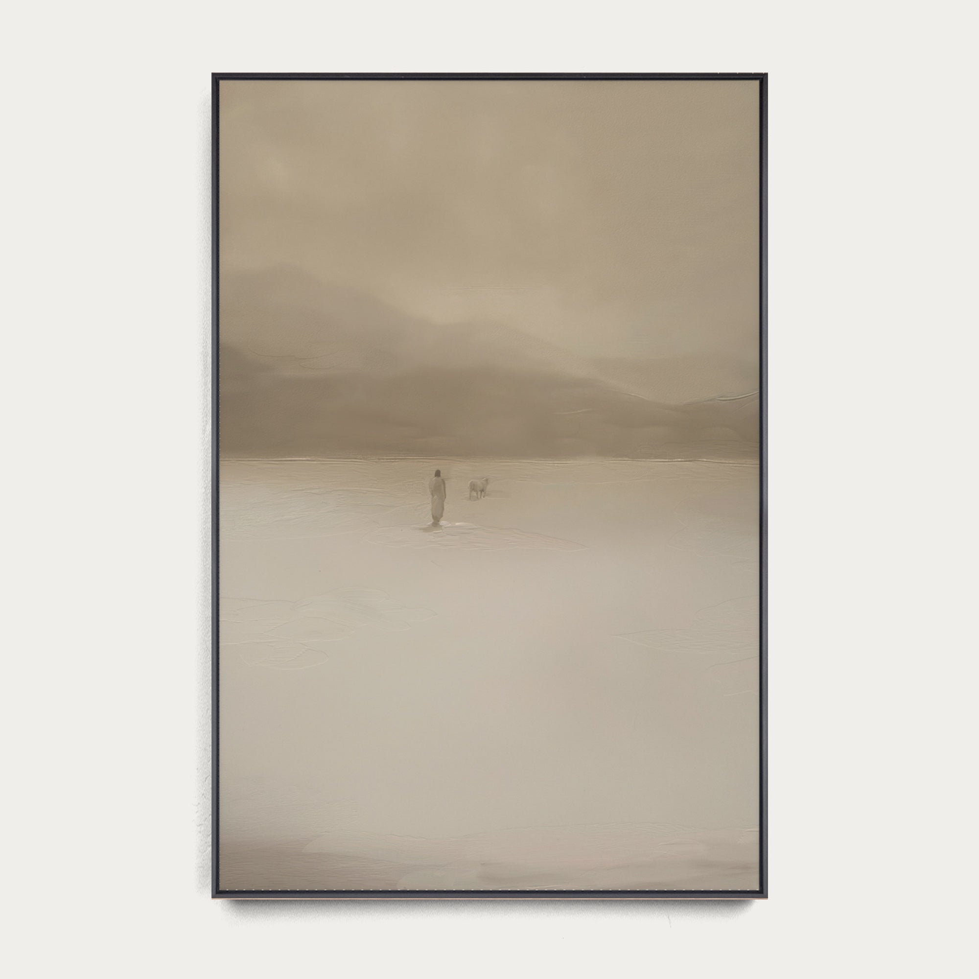 Framed artwork of a minimal landscape with a person and dog in a vast, misty field. 