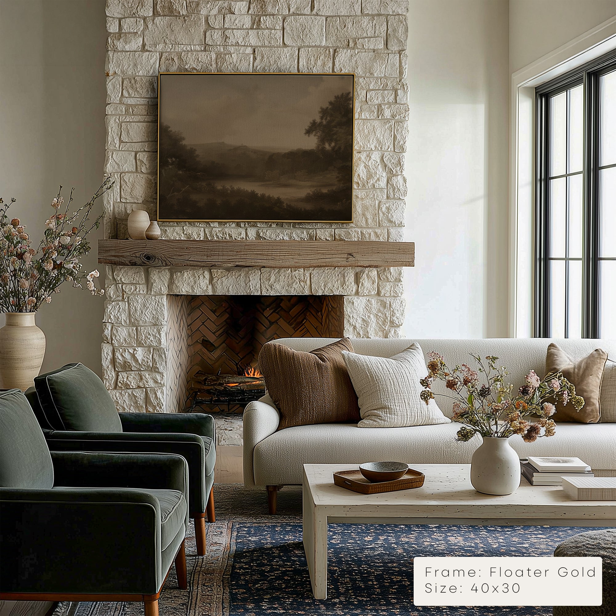 Living room with stone fireplace, white sofa, and decorative elements.