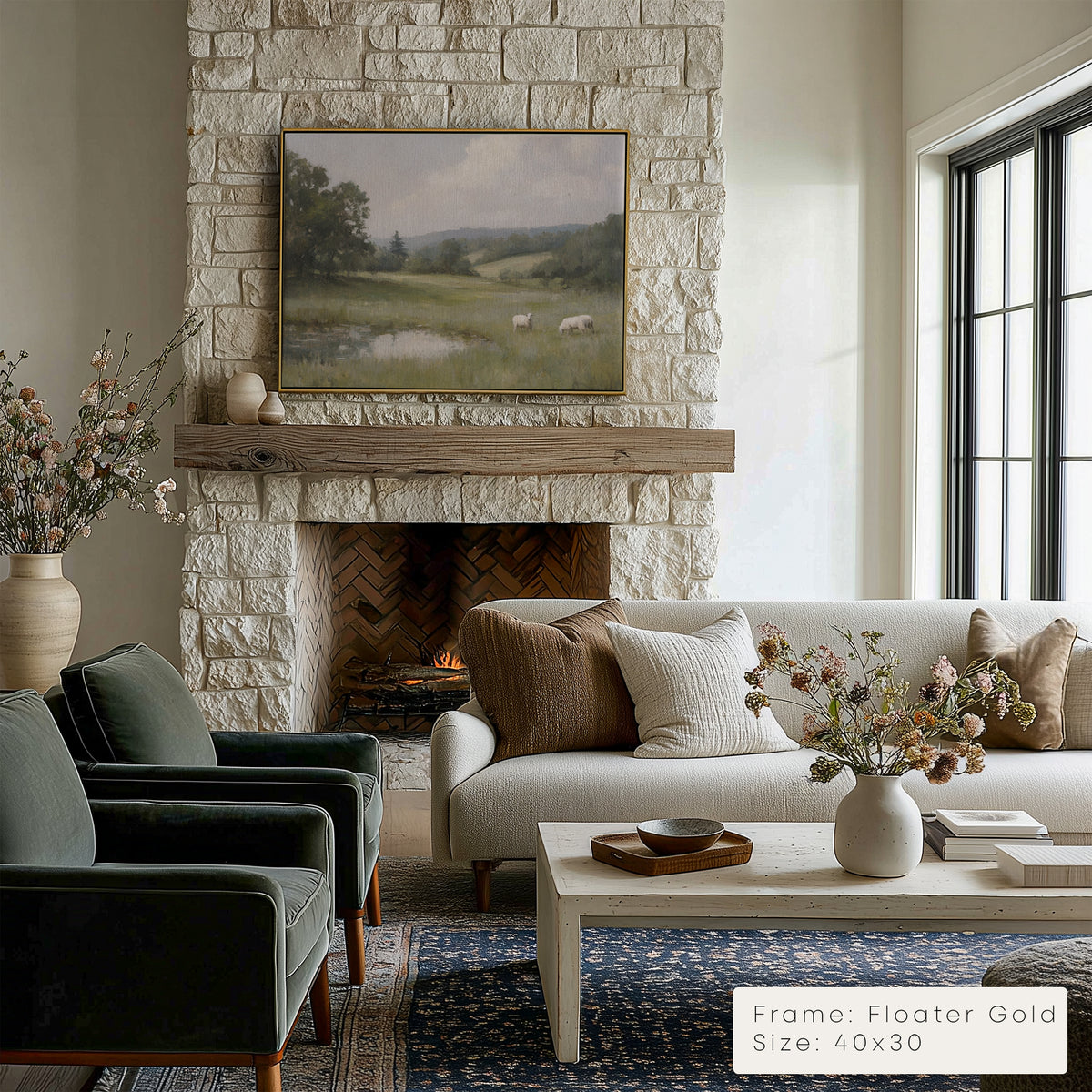 Living room with stone fireplace, white sofa, and decorative elements.