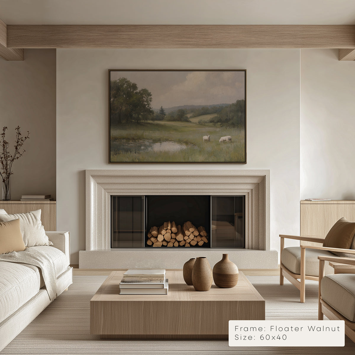 Modern living room with fireplace, artwork, and furniture.